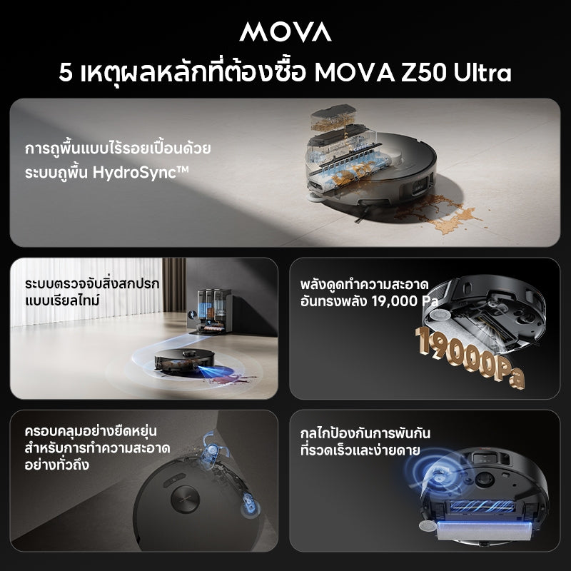 MOVA Z50 Ultra Robot Vacuum Mop หุ่นยนต์ดูดฝุ่น แรงดูด 19000Pa ทำความสะอาดด้วยน้ำร้อนหมุนเวียน สะอาดครบทุกมุม