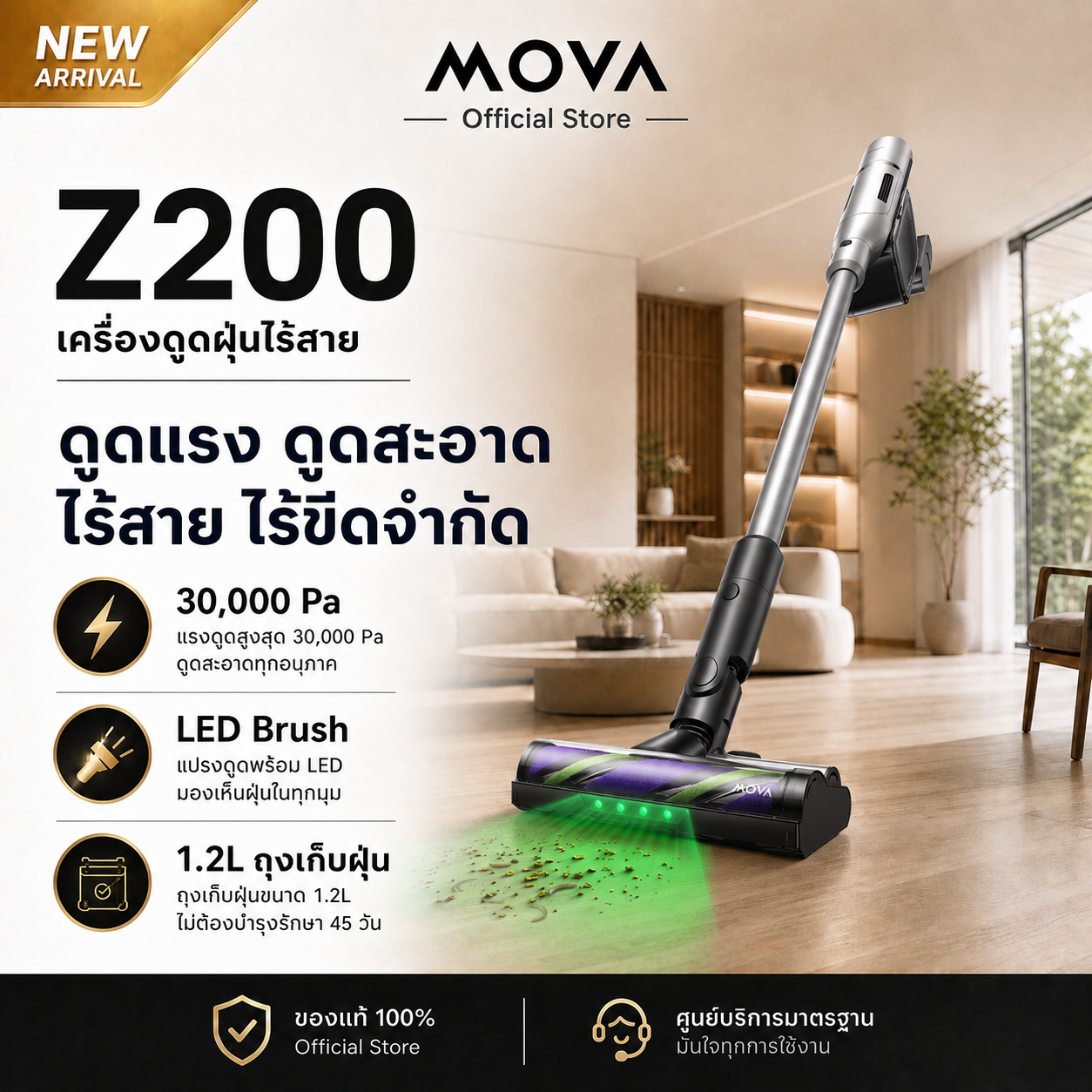 MOVA Z200 เครื่องดูดฝุ่นไร้สาย แรงดูดโหด 30000Pa ถุงเก็บฝุ่นใหญ่ 1.2L แปรง LED ลุยขนสัตว์ ไม่พันกัน ประกัน 2 ปีเต็ม