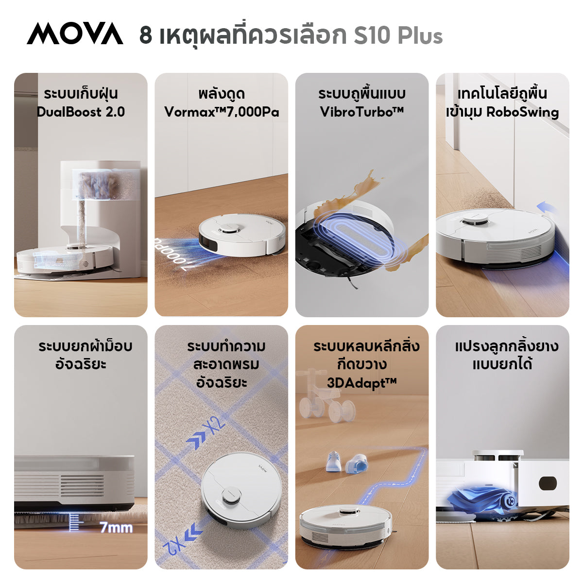 MOVA S10 Plus หุ่นยนต์ดูดฝุ่นถูพื้น 7000Pa แท่นเก็บฝุ่นอัจฉริยะ 90วันไม่ต้องเท ถูสั่นทรงพลัง ยกม็อบ ประกัน 1 ปี