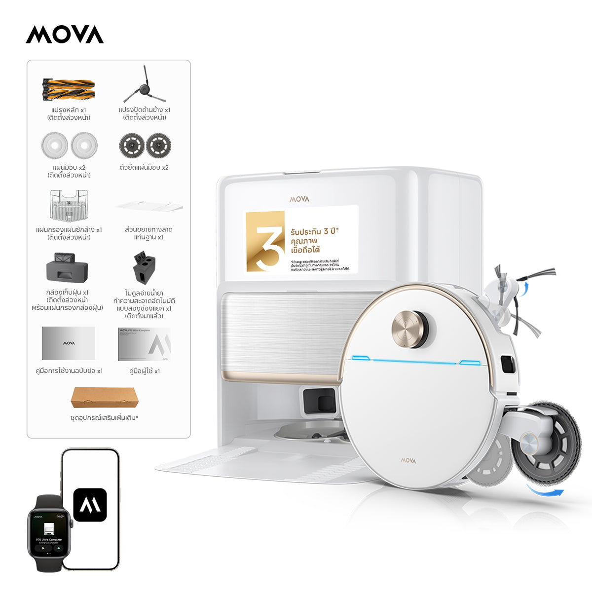 MOVA V70 Ultra Complete หุ่นยนต์ดูดฝุ่นถูพื้นอัจฉริยะ พลังดูด 42000Pa ผ้าถู-แปรงข้างยืดขยายได้ แท่นชาร์จ All-in-One