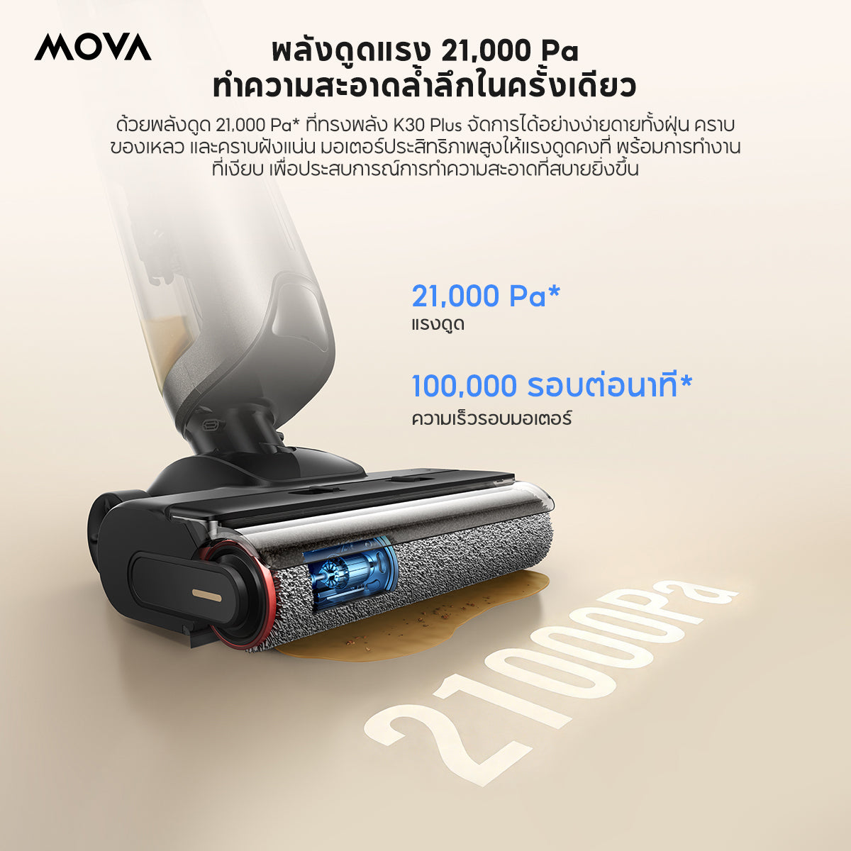 MOVA K30 Plus เครื่องดูดฝุ่นล้างพื้นเปียกแห้ง 21000Pa นอนราบ 180° ชิดขอบคู่ ล้างน้ำร้อน 60°C อบลมร้อน 85°C