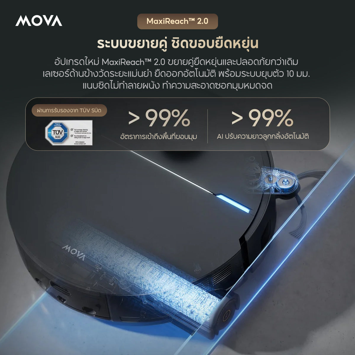 MOVA Z70 Ultra Roller Complete หุ่นยนต์ดูดฝุ่นถูพื้น ลูกกลิ้งยาว 27cm พลังดูด 36000Pa ซักผ้าด้วยน้ำร้อน 100°C