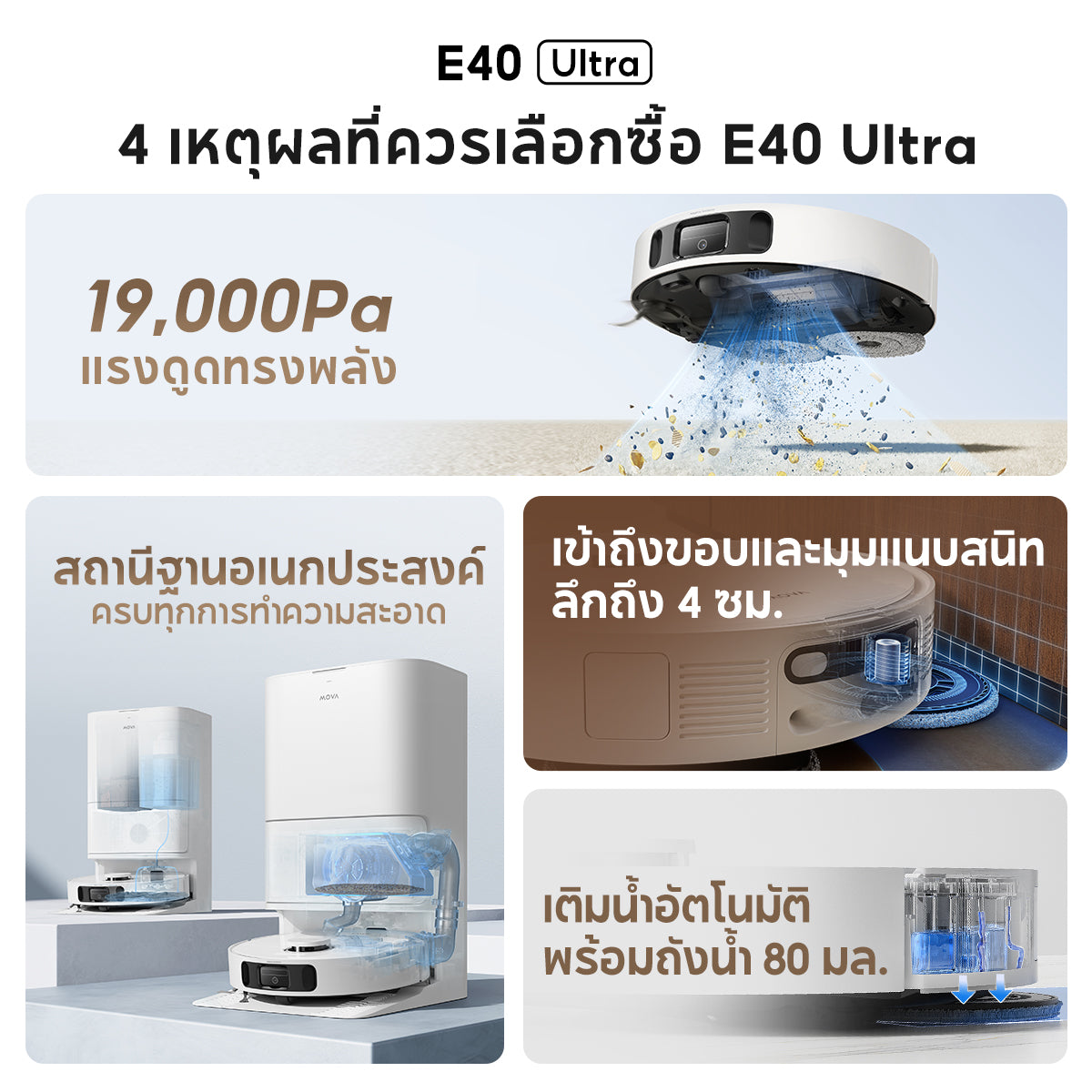 【NEW】MOVA E40 Ultra Robot Vacuum Cleaner หุ่นยนต์ดูดฝุ่น ถูพื้น อัจฉริยะ แรงดูด19kPa 75วันไม่ต้องเทฝ่น ลมร้อนเป่าแห้ง