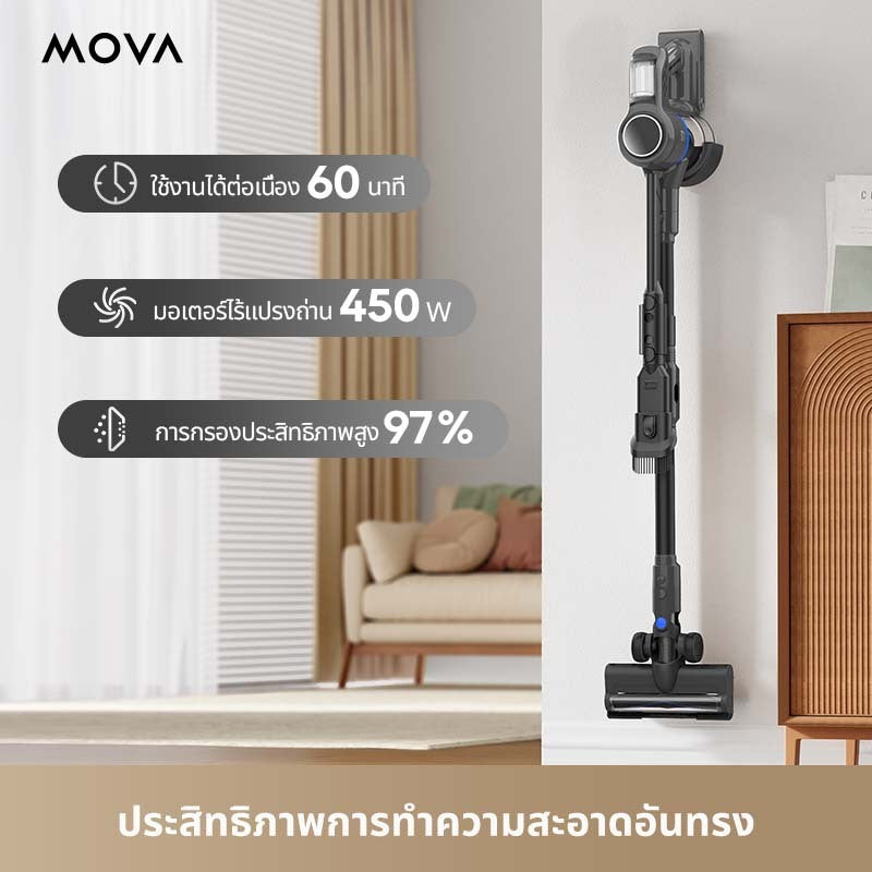 MOVA J30 Cordless Stick Vacuum เครื่องดูดฝุ่นไร้สาย ท่อแบบพับได้เวลาใช้งานยาวนาน 60 นาที