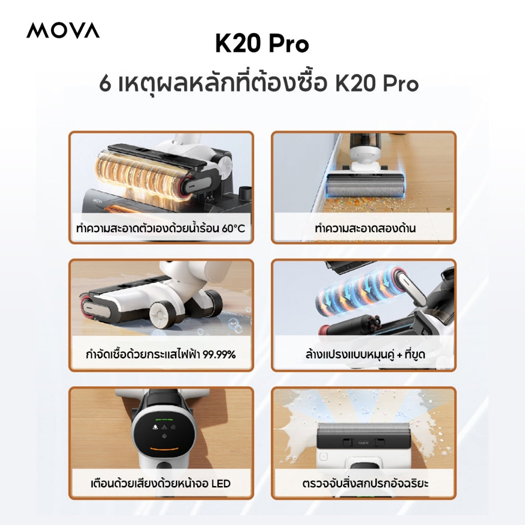 MOVA K20 Pro  Wet and Dry Vacuum เครื่องดูดฝุ่นถูพื้น กำจัดแบคทีเรียได้ 99.9% ทำความสะอาดขอบสองด้าน รับประกัน 2 ปี