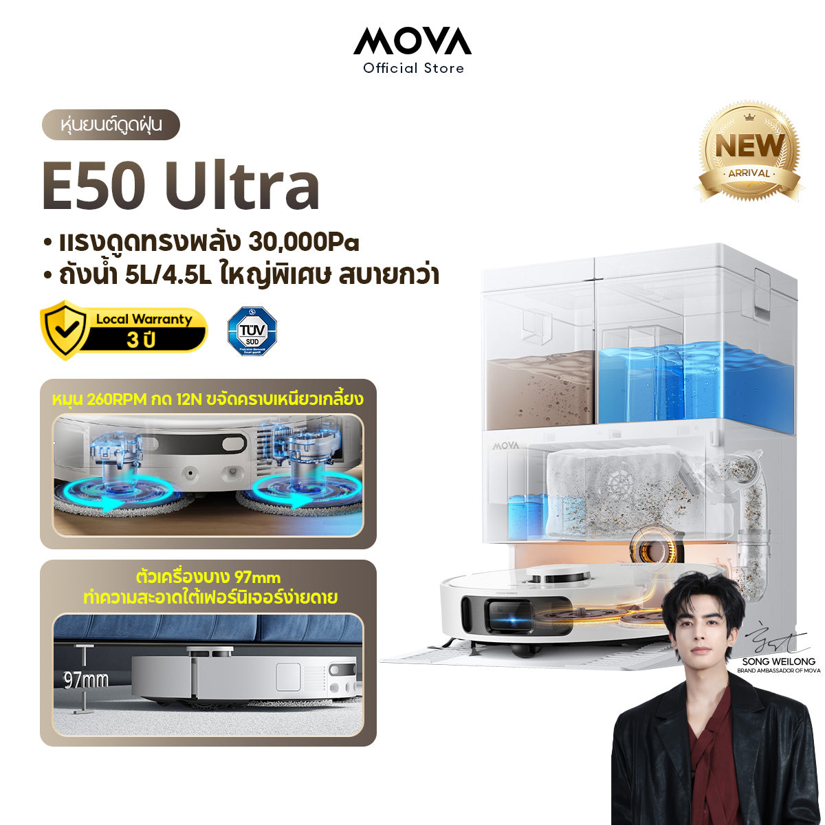 [ NEW ] MOVA E50 Ultra Robot Vacuum Cleaner หุ่นยนต์ดูดฝุ่น ถูพื้น อัจฉริยะ | ดูดแรง 30kPa | ถังน้ำใหญ่ 5 ลิตร | ป้องกันขนพัน | นำทาง LDS อัจฉริยะ