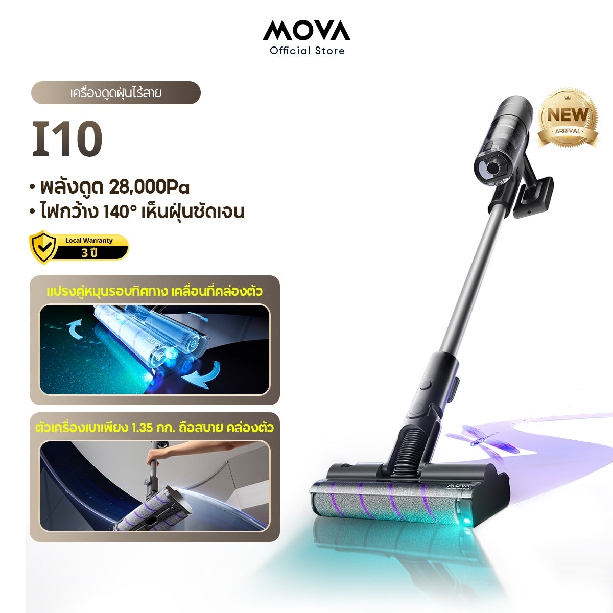 [ NEW ] MOVA I10 Cordless Stick Vacuum  เครื่องดูดฝุ่นไร้สาย 28,000Pa เทคโนโลยีไฟเขียวน้ำเงินส่องฝุ่น แปรงลูกกลิ้งคู่ 360°